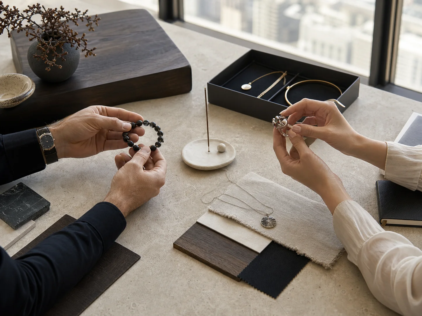 Natural materials and quiet objects arranged in soft architectural daylight