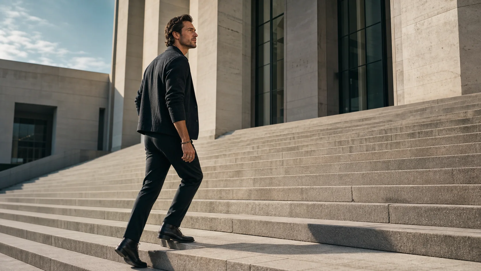 A person moving confidently through a modern coastal city