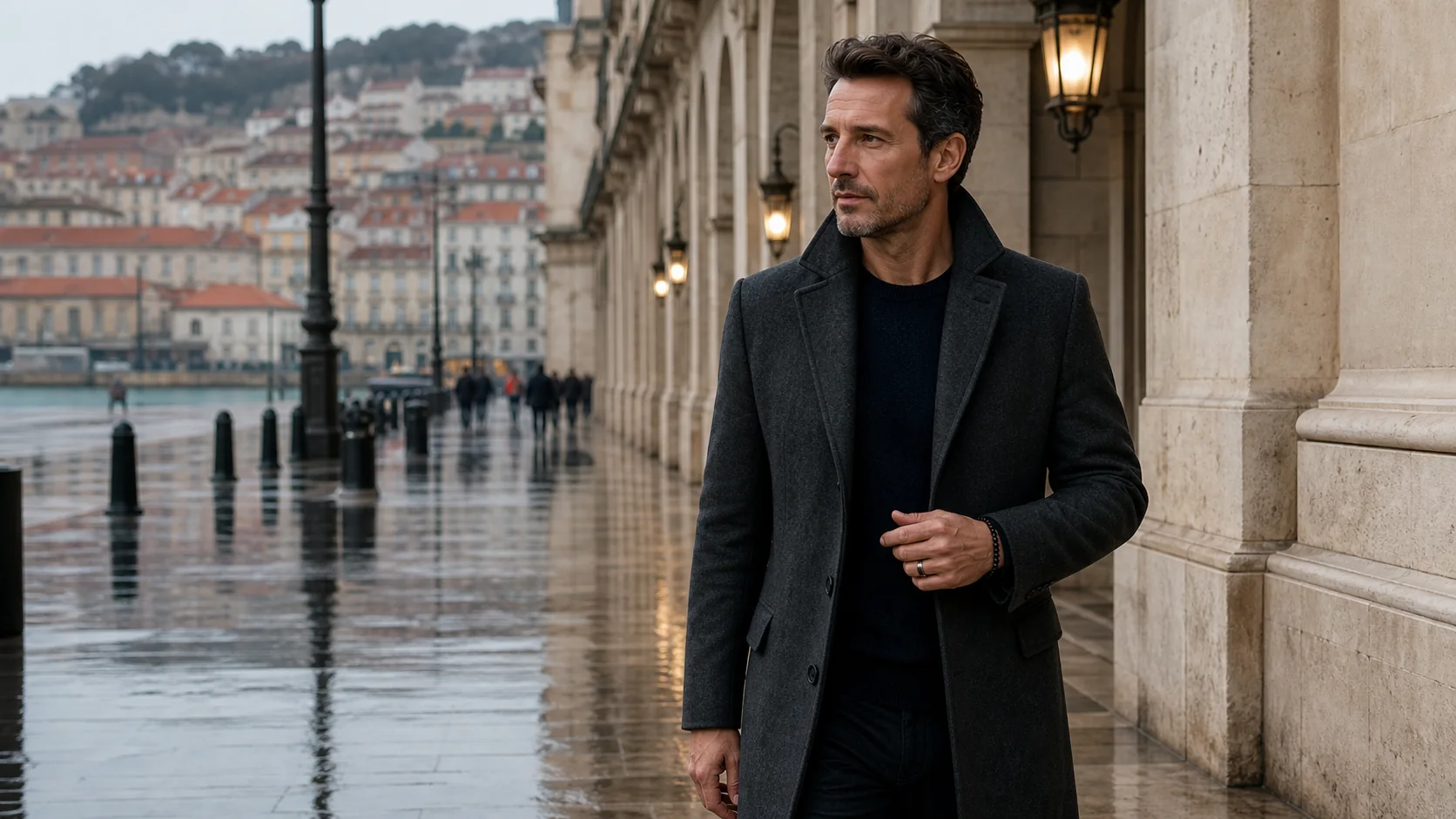 A man wearing a dark stone bracelet beneath a rain-washed coastal colonnade