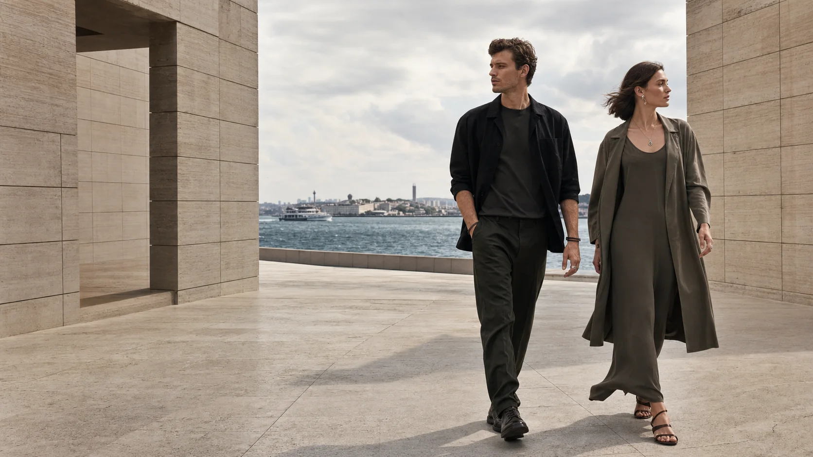 Two people moving through coastal architecture with understated natural-material objects
