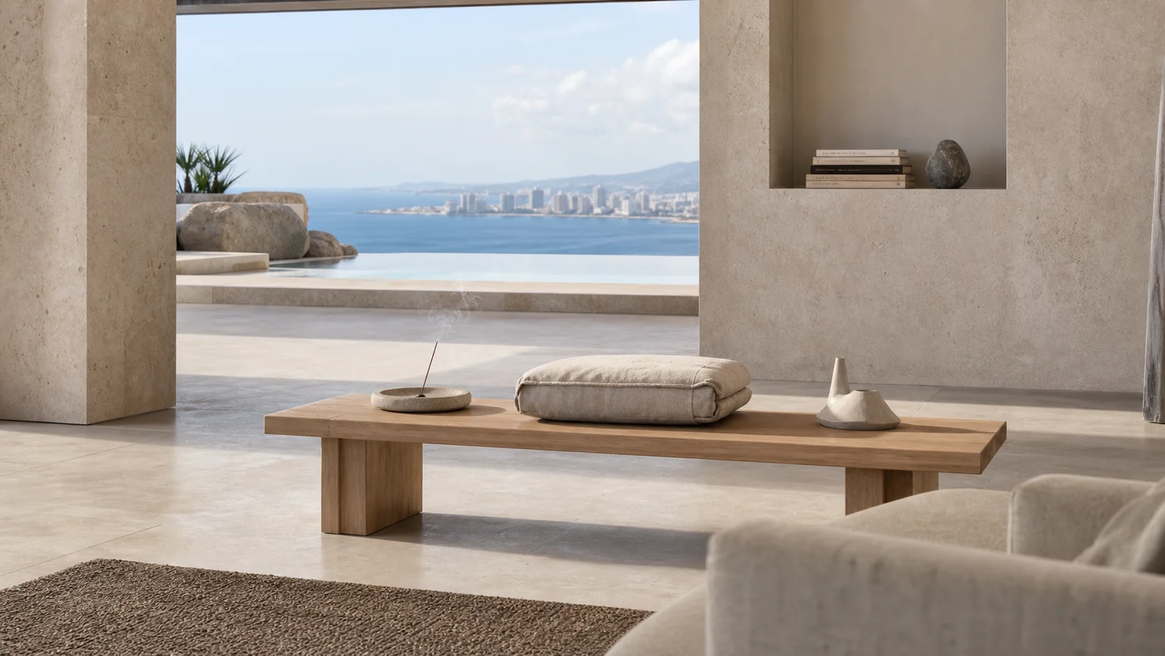 Incense, linen, ceramic, and a sculptural object in a bright coastal home