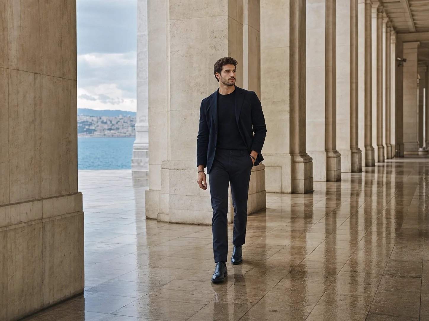 A man in dark tailoring walking beneath a rain-washed coastal colonnade