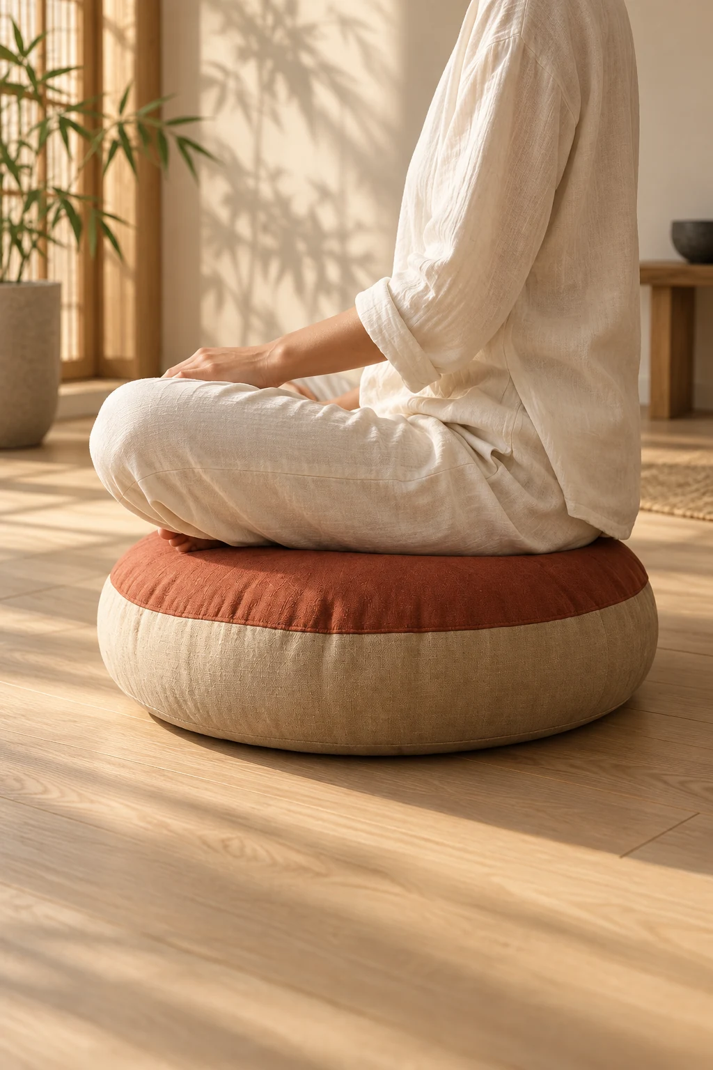 A person sitting comfortably on a round linen cushion